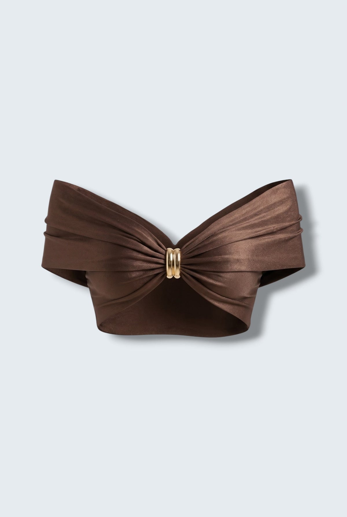 The Saint 54 dark chocolate cropped top in stretch fabric with gold front detail and off-shoulder draped design.